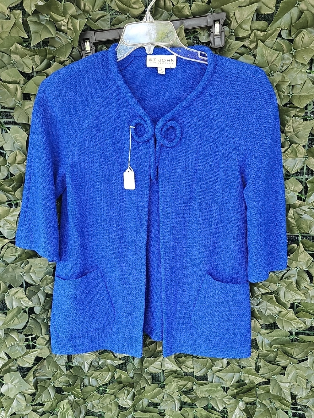 St. John Collection Womens Royal Blue Short-Sleeve Knit Cardigan wth Tie Closure